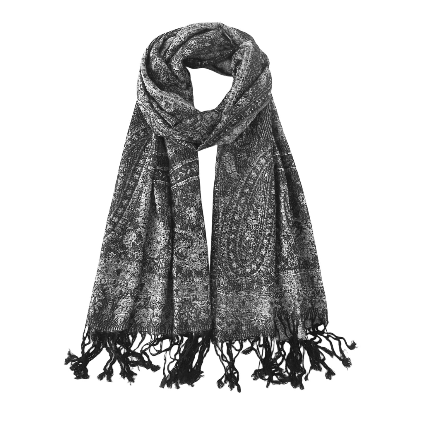 Rave Pashmina Scarf-Winter Warm Paisley Jacquard Pashmina Shawls and Wraps with Fringes(Sy3-Black Silver)