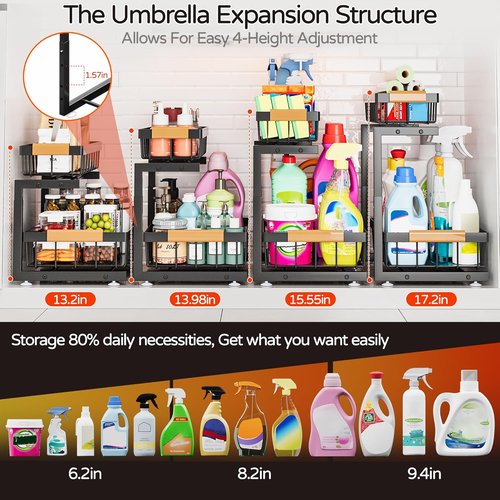 ADBIU Under Sink Organizer - 2 Pack Expandable 2 Tier Storage Shelves for Kitchen & Bathroom (13.2" - 17.2")