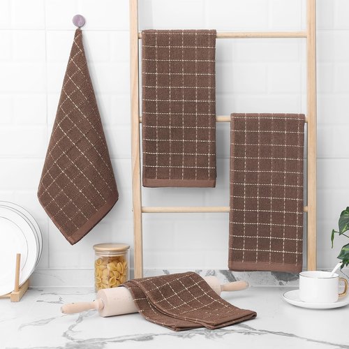 Homaxy 100% Cotton Terry Kitchen Towels(Brown, 13 x 28 inches), Checkered Designed, Soft and Super Absorbent Dish Towels, 4 Pack