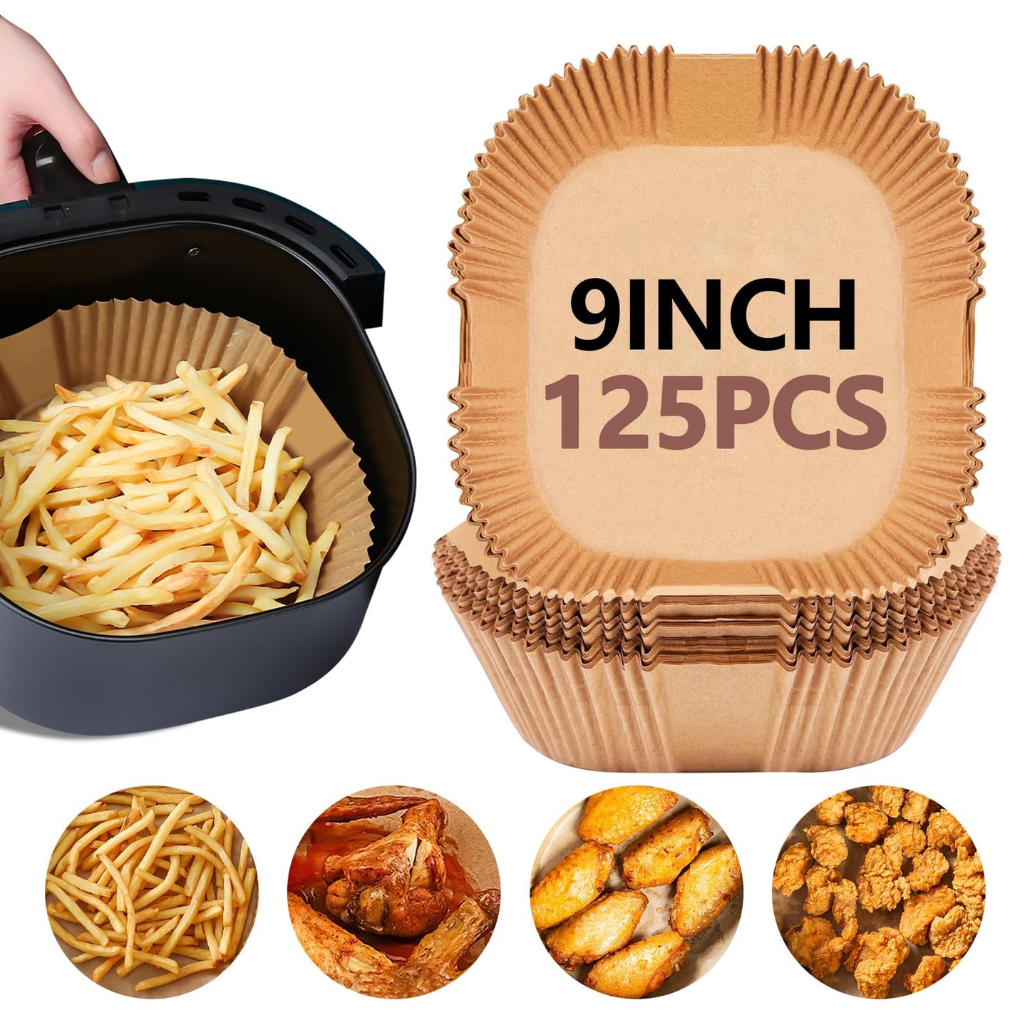 UBeesize 9-Inch Air Fryer Parchment Liners - 125 Pack, Square Non-Stick Disposable Paper Sheets for Microwave & Air Fryers, Unbleached Baking Sheets (8-Inch Base)