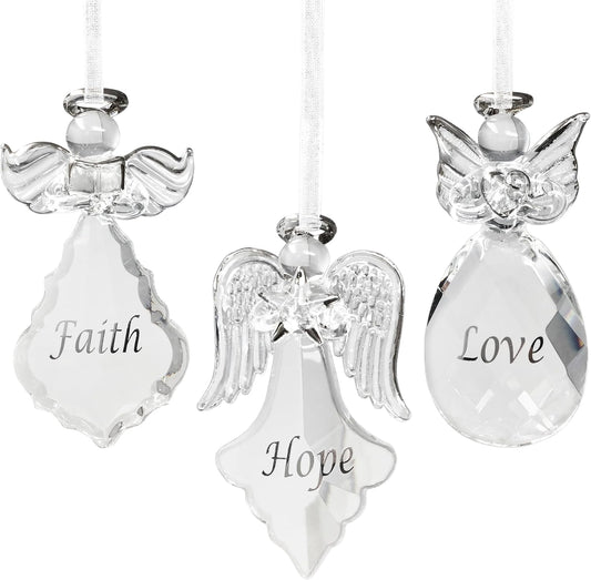 Set of 3 Crystal Faith Hope Love Angel Ornaments for Christmas Decor - 3.5" H x 2" W