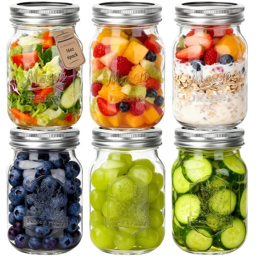 CycleMore 16oz 6 Pack Mason Glass Jars with Airtight Lids and Bands, Embossed Design Canning Jars, Pint Glass Jars for Pickling, Meal Prep, Freezing, Fermenting, Preserving, Jar Décor