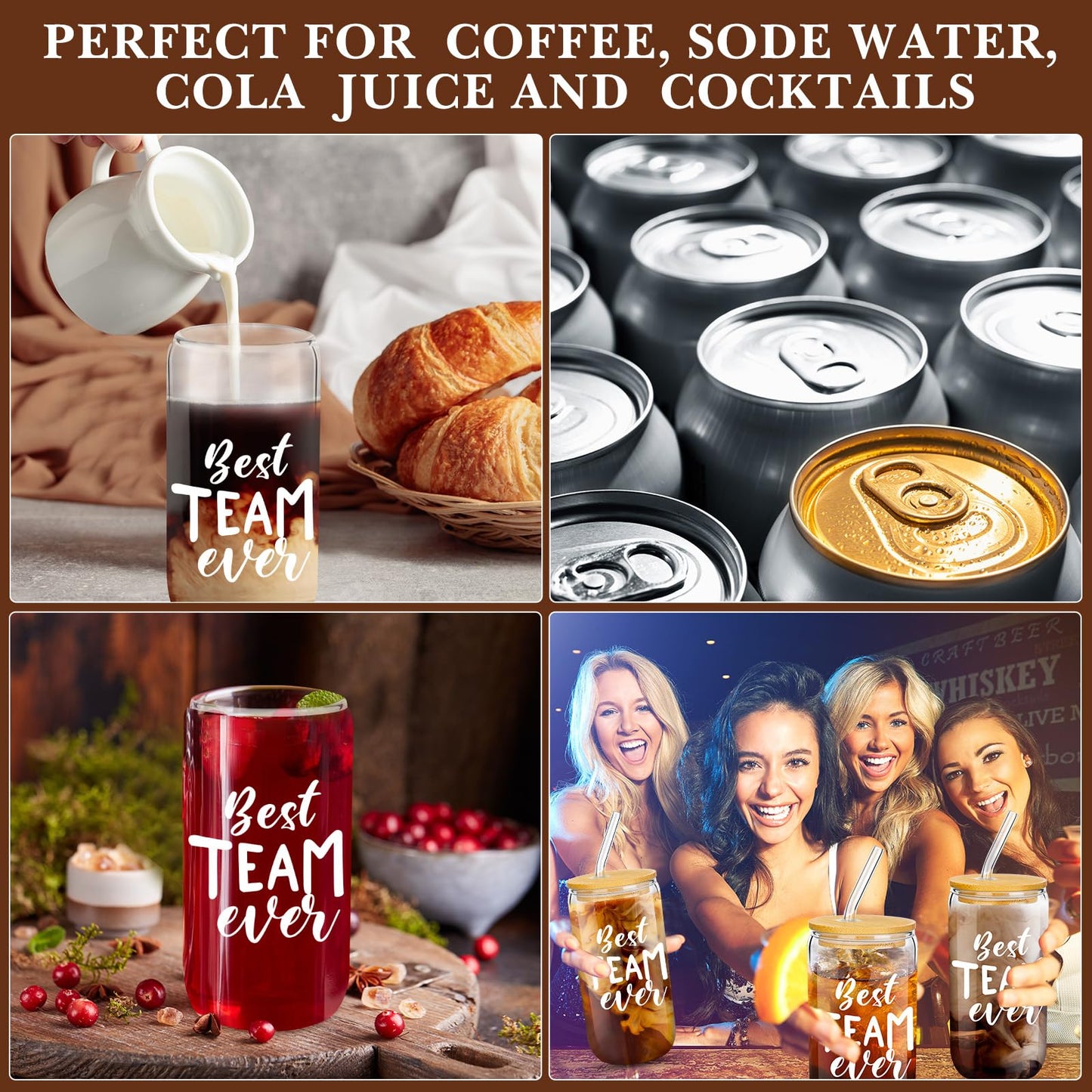 Purpeak 12 Set Employee Appreciation Gifts Thank You Gifts for Staff Coworker Thank You Glass Cups 16 oz Can Shaped Beer Glass with Lids Straws Brushes for Teacher Nurse(Best Team Ever)