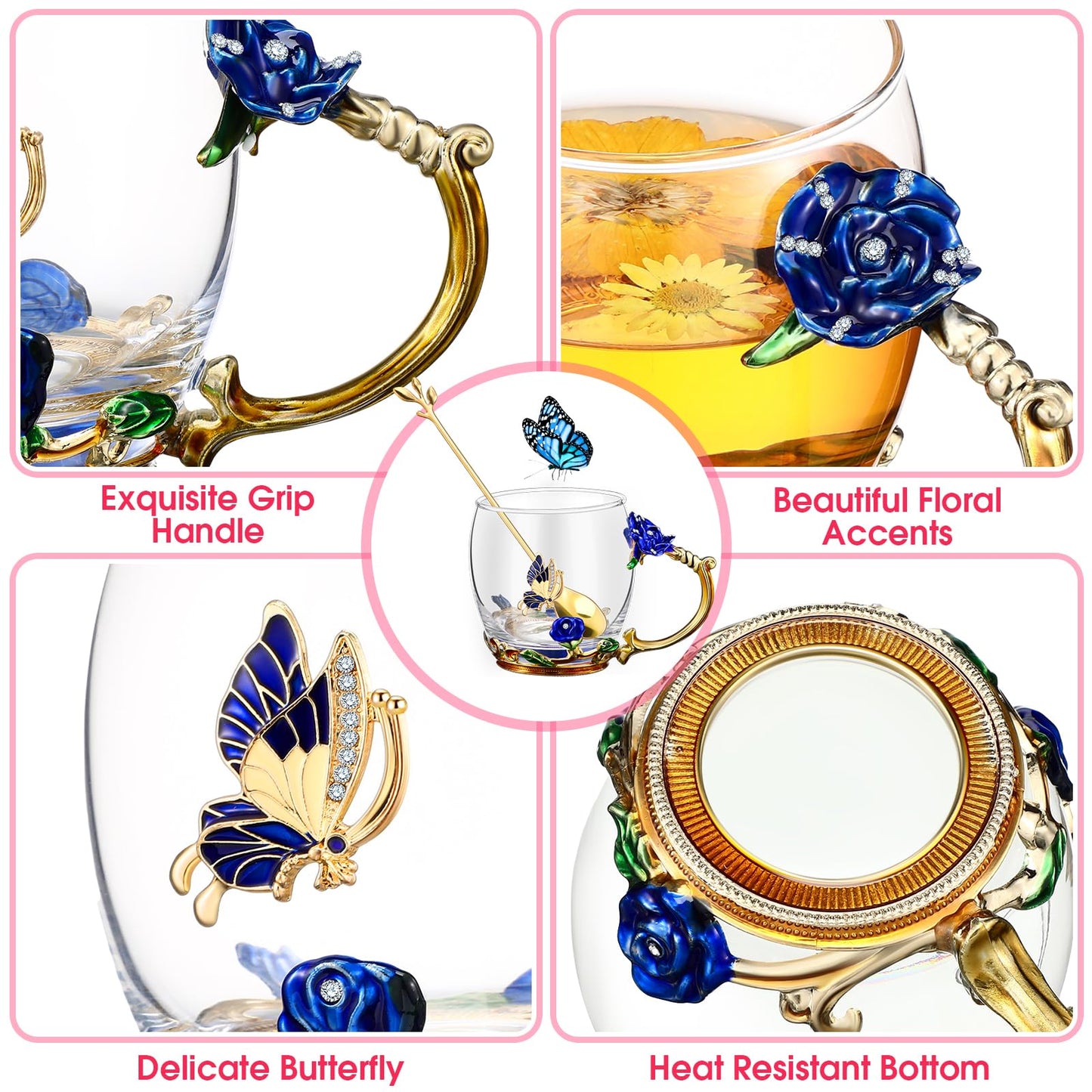 Mimorou 4 Pcs Butterfly Glass Tea Cups Sets for Mother's Day Tea Cup with Spoon Glass Mugs Flower Cup for Mother Gifts Women Clear Rose Coffee Cups Birthday Gifts Female Friend