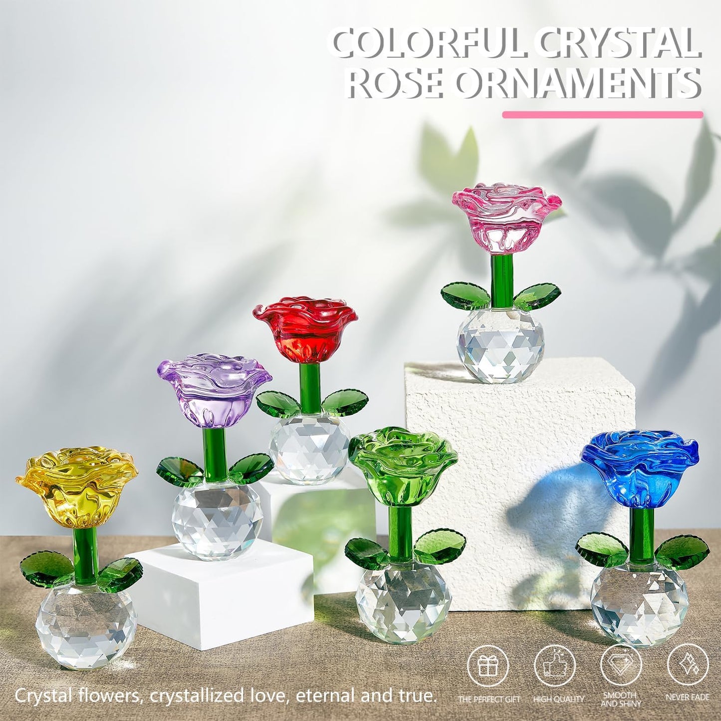 Regine Switzerland Crystal Glass Rose Flowers Figurines - Colorful Blown Glass Decor | Set of 6, 3.5in