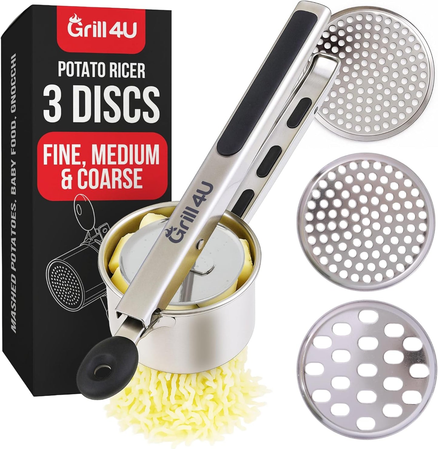 Skiennix 15oz Potato Ricer - Professional Stainless Steel Masher for Fluffy Mashed Potatoes & Gnocchi | Ergonomic Silicone Handles, Dishwasher Safe