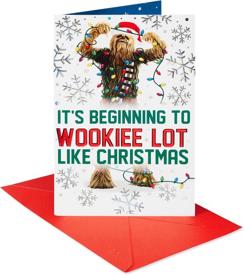 American Greetings Star Wars Christmas Card - Chewbacca Design with Snowflakes | Festive Holiday Greeting