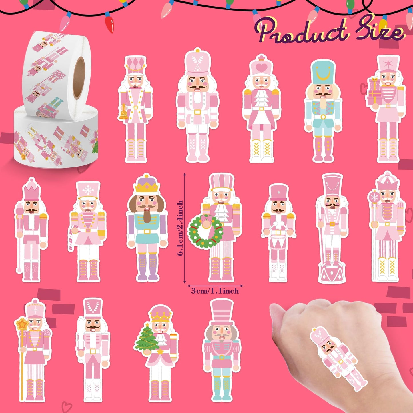 CNhoqc Christmas Nutcracker Sticker Roll - 1000 Pcs Pink Nutcracher Self-Adhesive Stickers, Water Bottles Book Luggage Decors for Kids Students Teens Adults, School Rewards Festival Gifts Party Favor