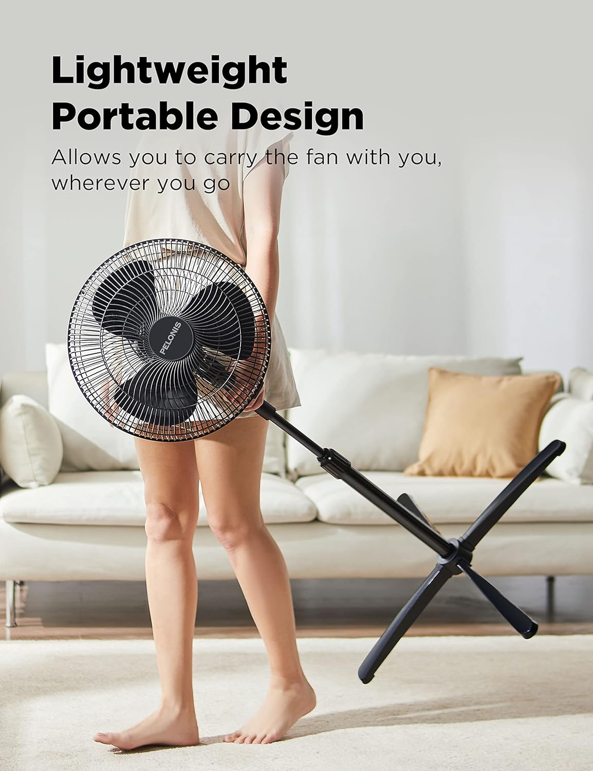 Pelonis 16-Inch Oscillating Pedestal Fan - 3 Speeds, 90° Oscillation, Adjustable Height - Black