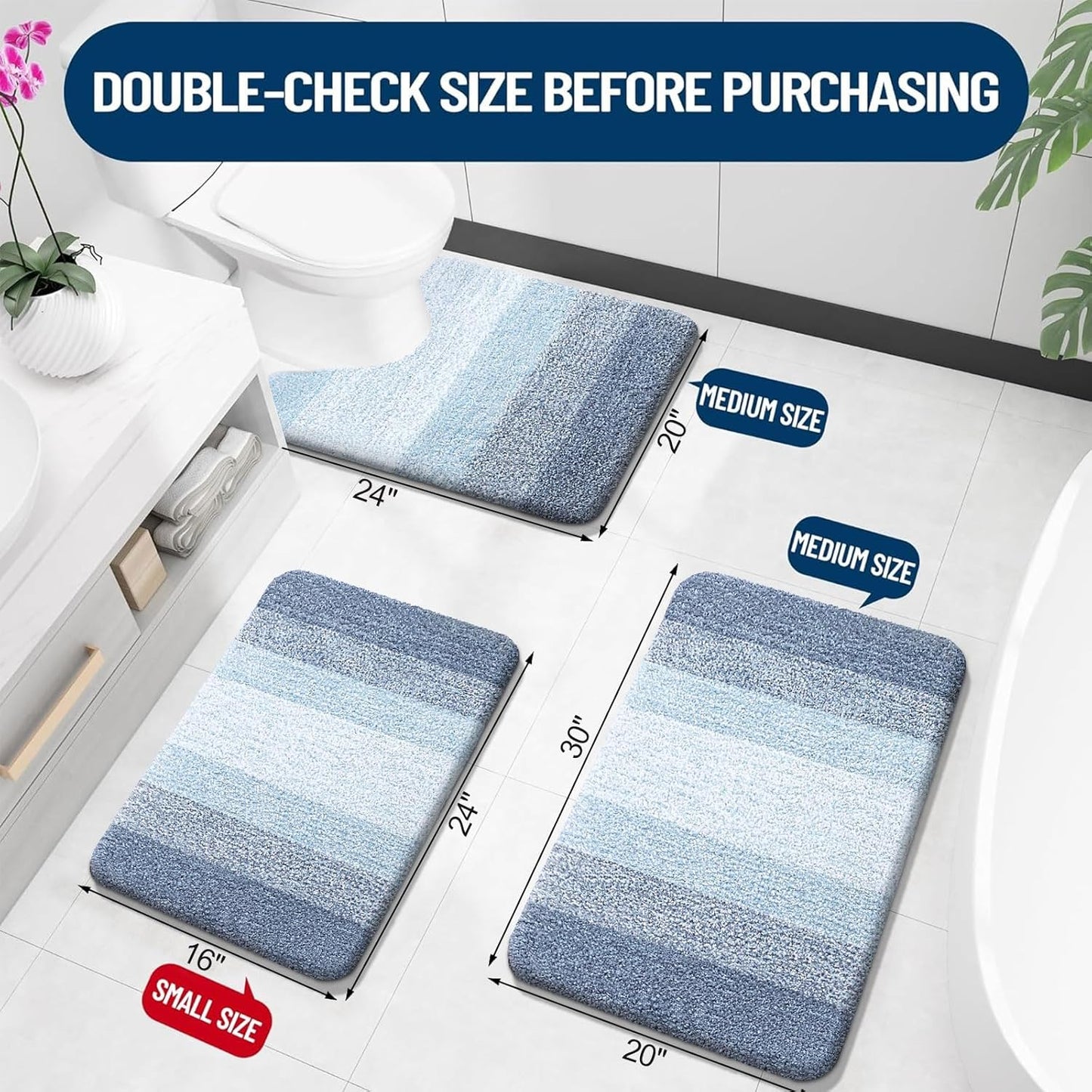 OLANLY 3-Piece Bathroom Rug Set - Soft Absorbent Microfiber Mats & U-Shaped Contour Rug | Blue (30"x20"+24"x16"+24"x20")