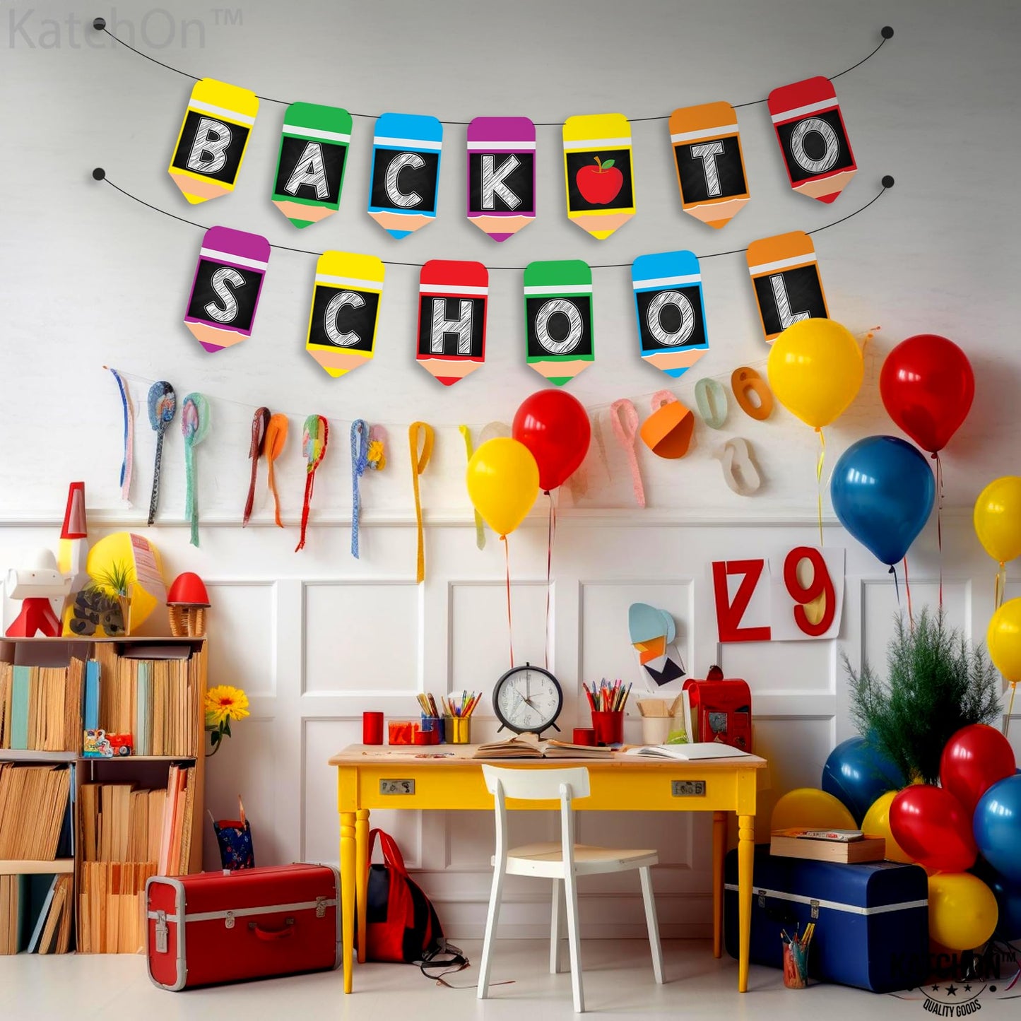 KatchOn, Large Back To School Banner - 2 Strings 10 Feet, No DIY | Pencil Banner, Welcome Back To School Decorations for Classroom Decor | Back To School Party Decorations, First Day of School Decorations