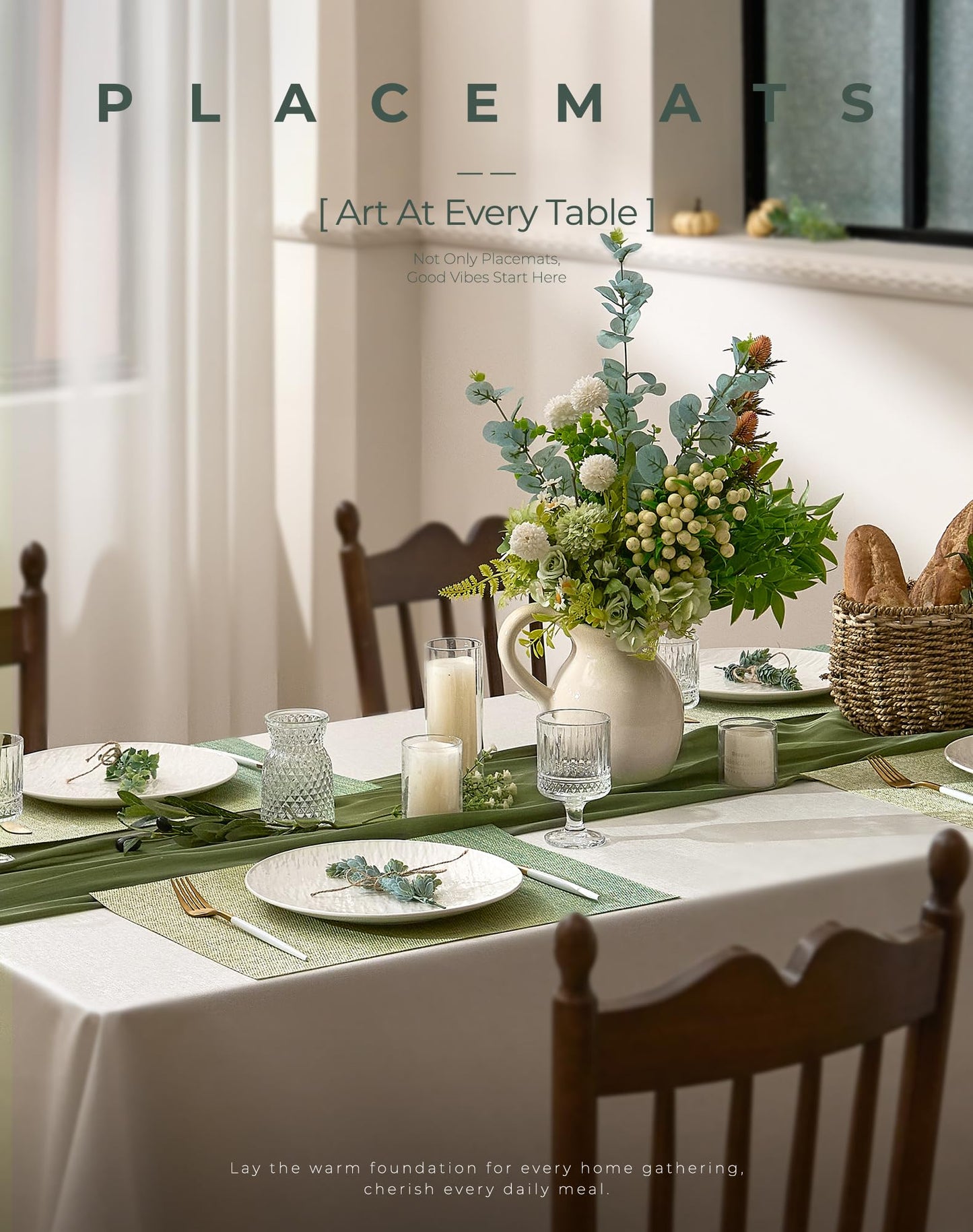 Leetaltree Gradient Green Woven Placemats Set of 12 - Heat Resistant Non-Slip Place mats for Dining Table, Washable Durable PVC Vinyl Woven Table Mats(Gradient Green, 12)