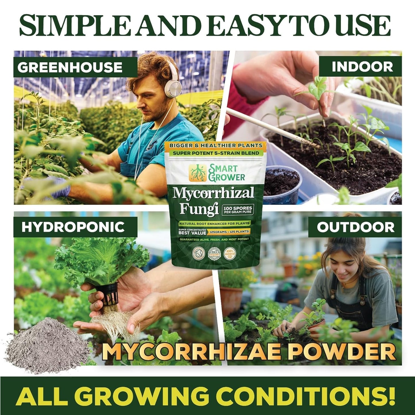 Mycorrhizae Smart Grower | Organic Root Enhancer for Plants - 100 Spores/G, 5-Strain Blend, 125g for 125 Plants