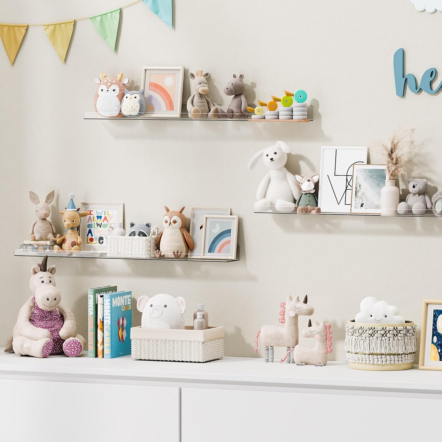 Upsimples 6 Pack Floating Acrylic Shelves - 15" x 4" Clear Wall Storage for Kids' Rooms & Home Decor
