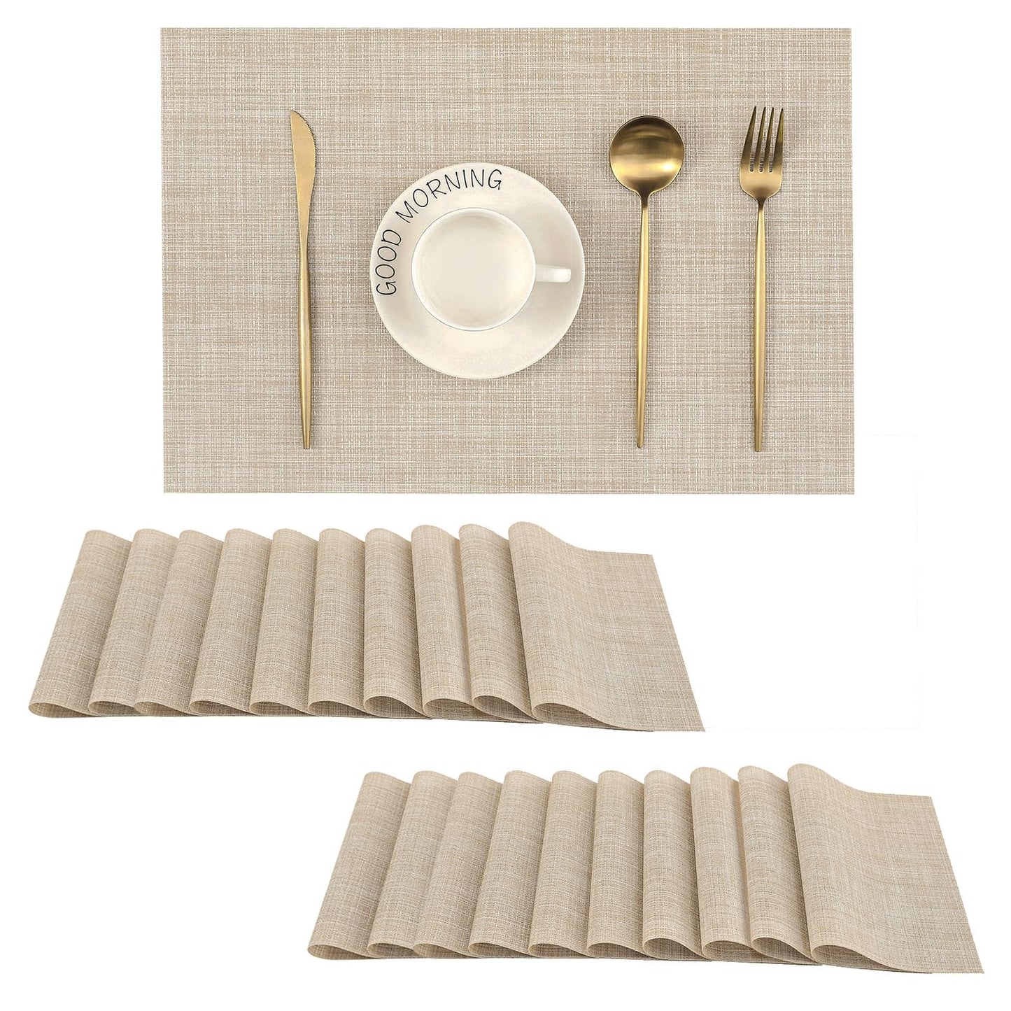 Leetaltree Beige Placemats Set of 20 - Heat Resistant Non-Slip Place mats for Dining Table, Washable Durable PVC Vinyl Woven Table Mats(Beige, 20)