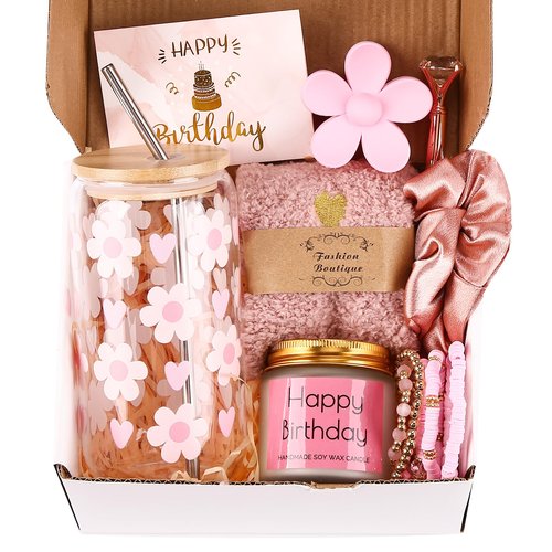 DHQH Birthday Gifts for Teen, Cute Inspirational Gift Daisy Presents Set Ideas for Sister Daughter Friends, Happy Birthday Gift Basket with Ice Glass Cup for Her (Pink)