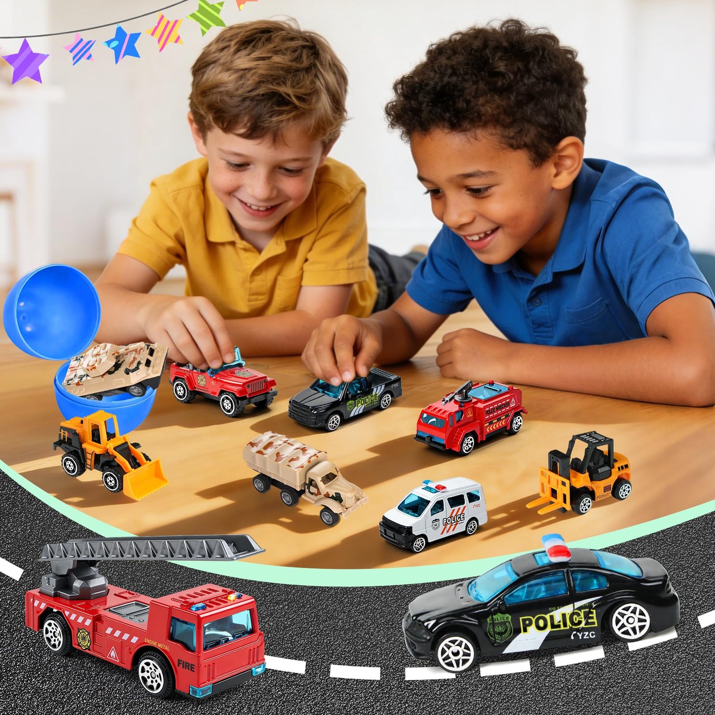 18 Pcs Prefilled Easter Eggs with Alloy Vehicles for Kids Die-Cast City Car Toys Construction Vehicles Easter Basket Stuffers Egg Fillers Egg Hunt Party Favors Classroom Prizes for Boys