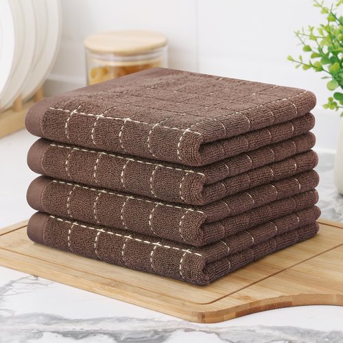 Homaxy 100% Cotton Terry Kitchen Towels(Brown, 13 x 28 inches), Checkered Designed, Soft and Super Absorbent Dish Towels, 4 Pack