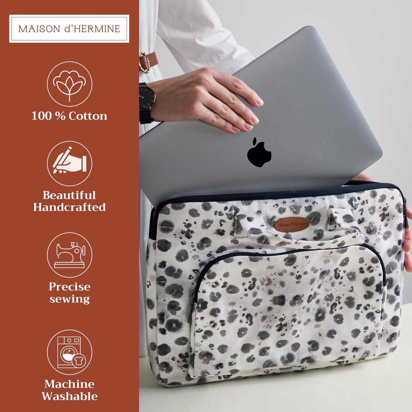 Maison d'Hermine Laptop Bag with Pocket Upto 13.5 inch Stain and Water Repellent Cotton Canvas Gifts for Mothers Day - Cheeta