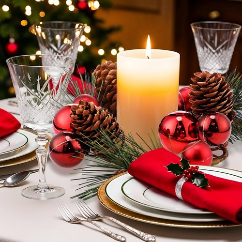 FoldTier Christmas Candle Rings - 4 Pcs Artificial Red Berries & Pine Needles Garland | Rustic Table Centerpieces