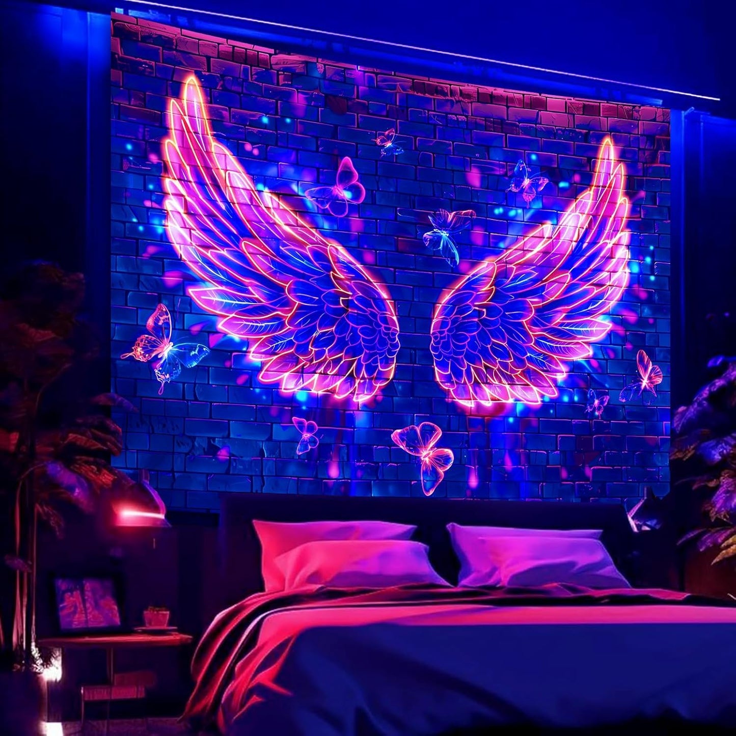 Manicer Blacklight Angel Wings Tapestry, UV Reactive Neon Wings Wall Hanging Tapestries, Fluorecent Butterfly Aesthetic Wall Art Decor for Bedroom, Living Room - 70.9" x 90.6"