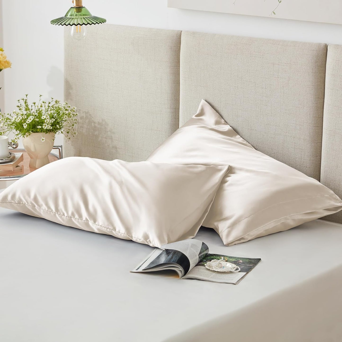 Love's Cabin Satin Pillowcase Set - Cooling Standard Size 20x26 Pillow Covers for Hair & Skin - Silky Smooth Beige
