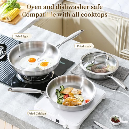 DELARLO Tri-Ply Stainless Steel Pan, 18/10 Frying Pan, Oven Safe Up to 600°F, Nontoxic Cookware, Compatible with All Cooktops Skillet, Durable, Fast Even Heat Fry Pan,8" 10" 12" with lids