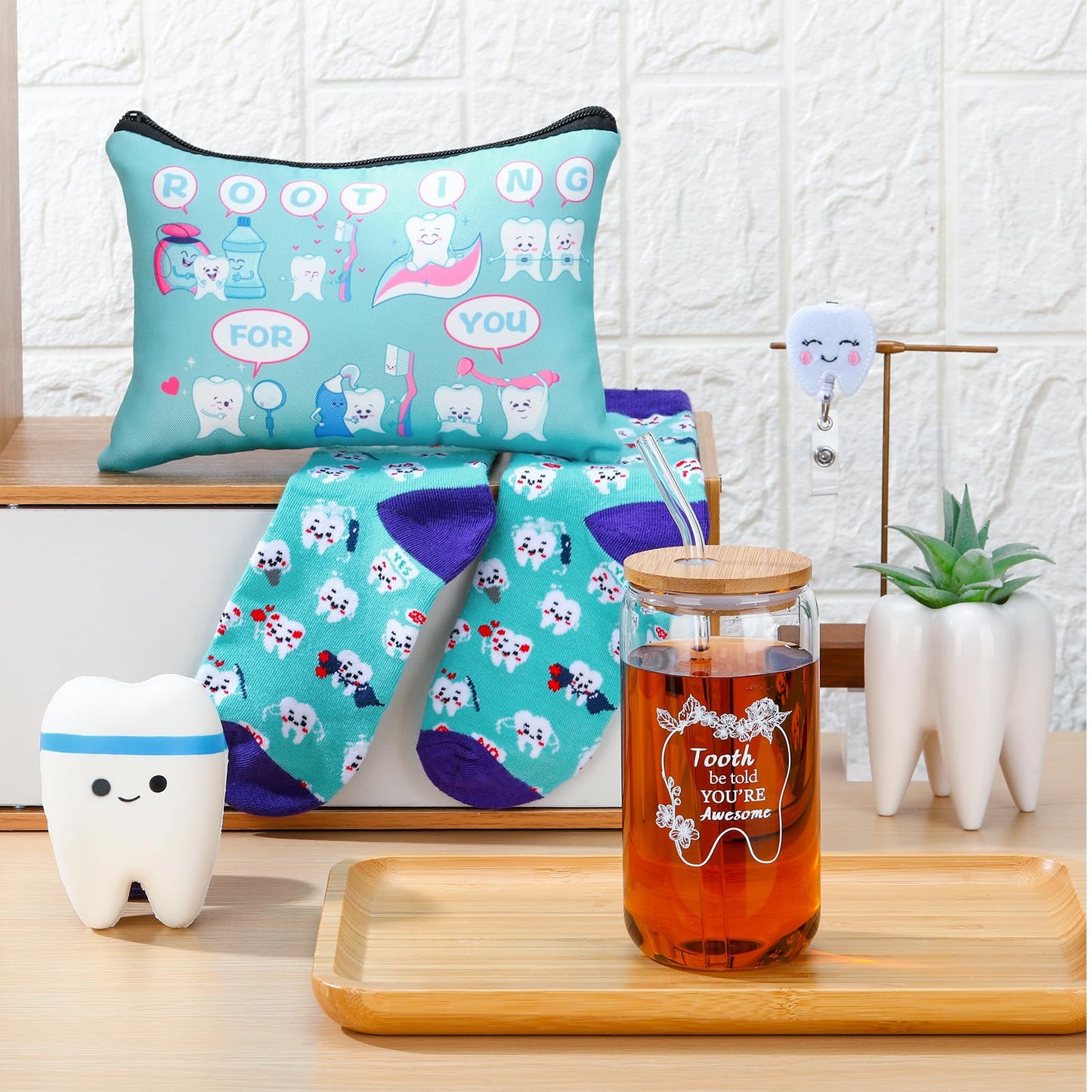 Pickmesh 6 Pcs Nurse Week Appreciation Gifts Dentist Hygienist Gifts 16 oz Glass Cups with Lid Makeup Bag Socks Badge Holder Tooth Brush Pot for Women Doctor Nurse Appreciation Accessories(Blue)