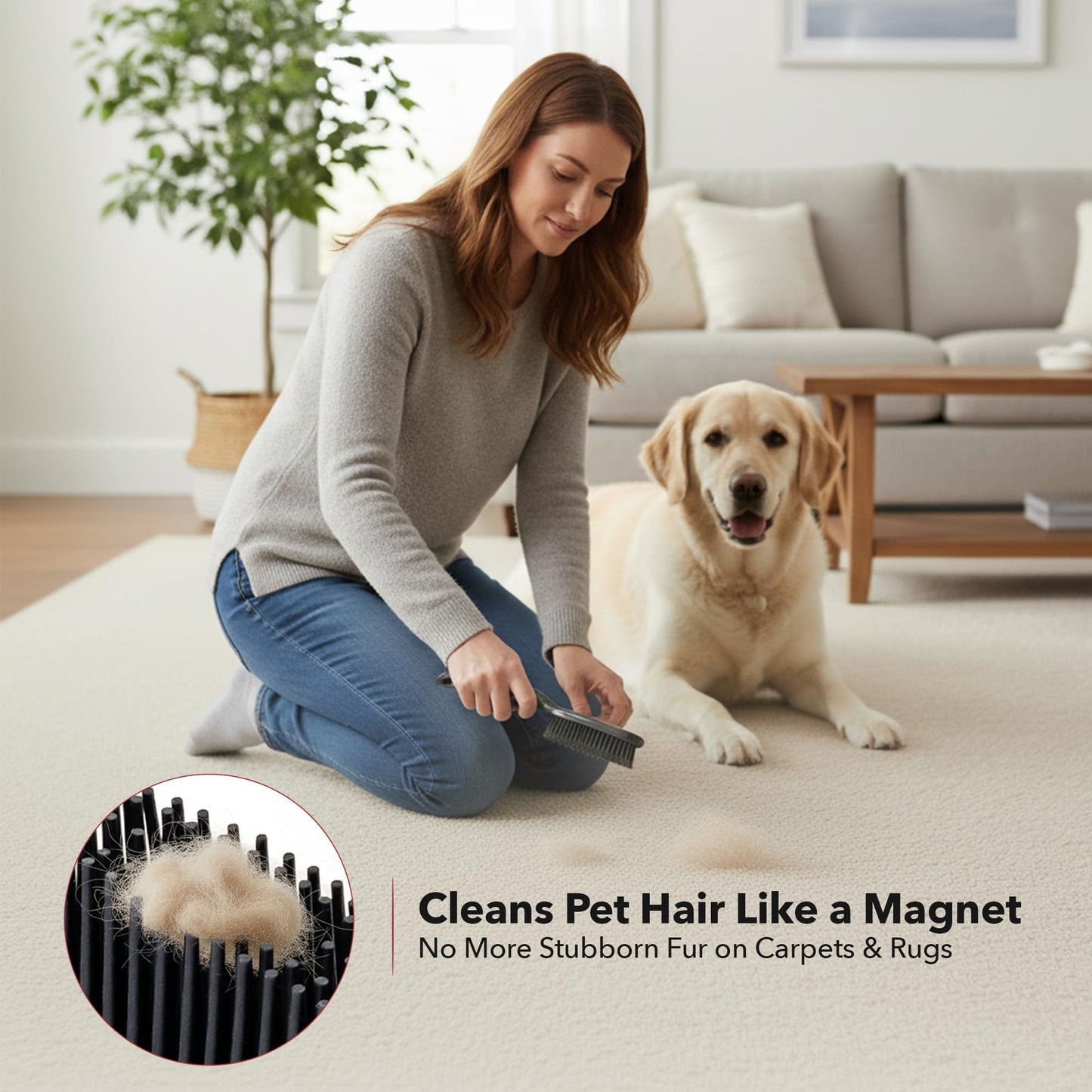 OVENTE Carpet Rake Rubber Broom for Pet Hair Removal with Squeegee, Detailing Lint Fur Remover Brush, Dustpan and 50” Handle, Cleaning Tools Set for Rug, Hardwood Floor, Tile and Window, Grey CT2504GY