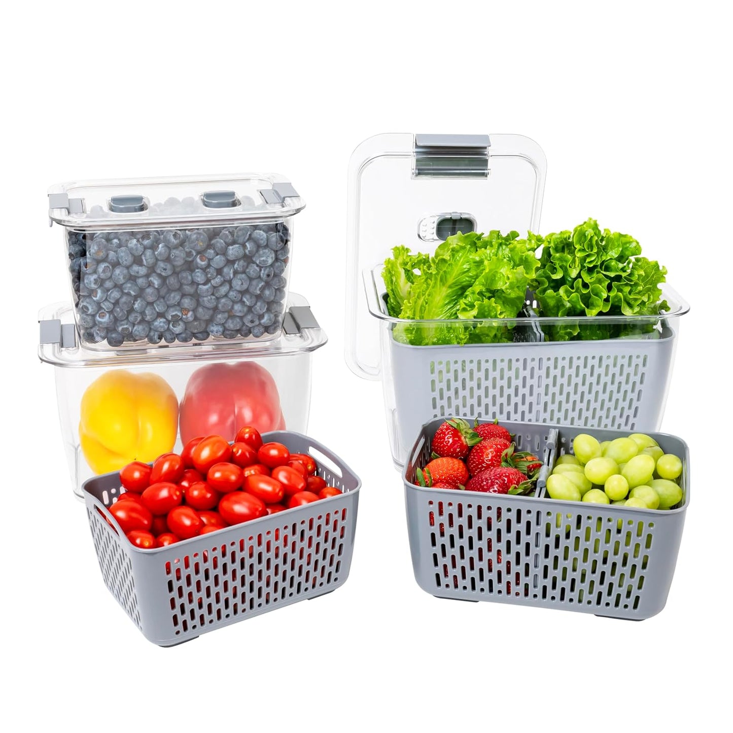 Kitchen Spaces Stackable Fridge Storage Containers - Fresh Produce Organizer | 3 Sizes with Snap Seal Lids