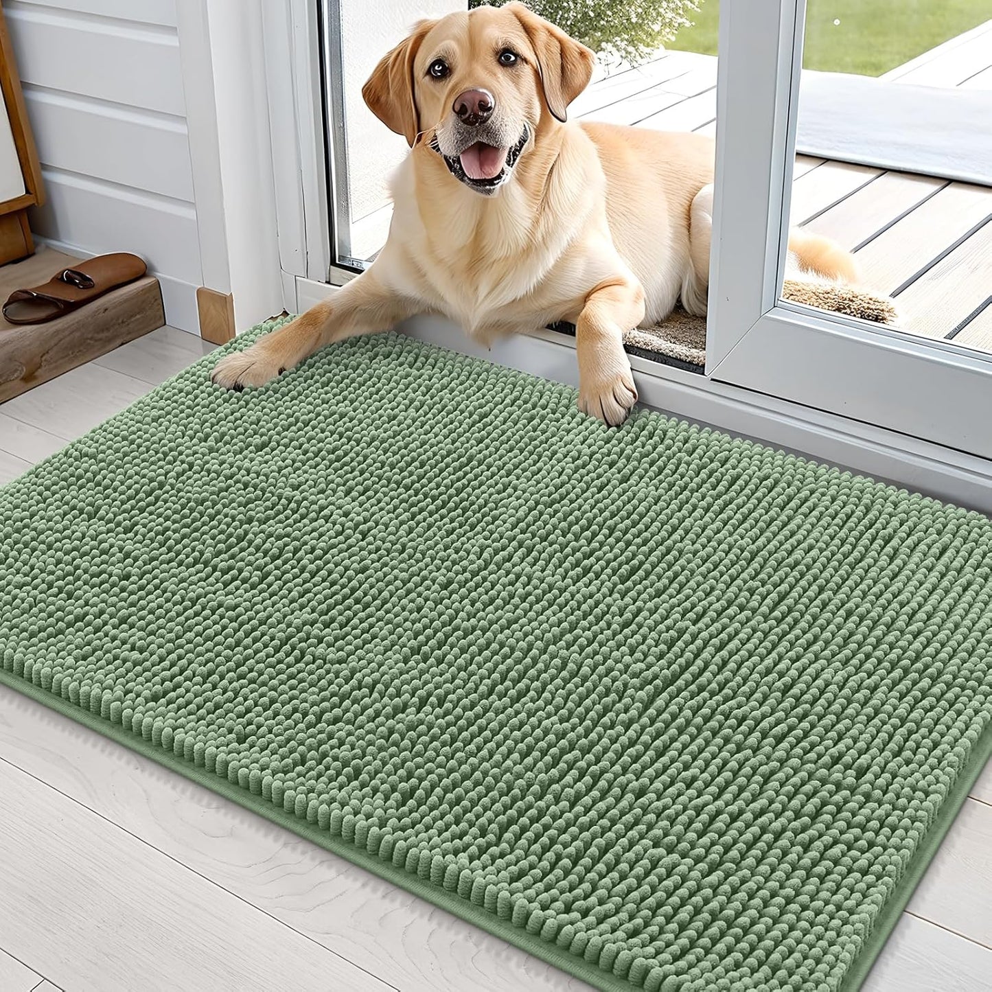 OLANLY Dog Door Mat - Absorbent Non-Slip Washable Chenille Mat for Muddy Paws | 35x24 Inches, Olive Green