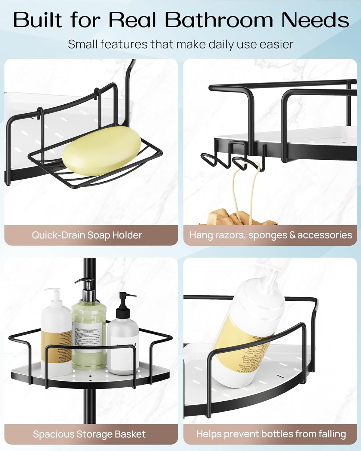 ALLZONE Corner Shower Caddy - Rustproof Tension Pole with 4 Adjustable Baskets & Extra Hooks | Fits 34–116 Inch, Black/White
