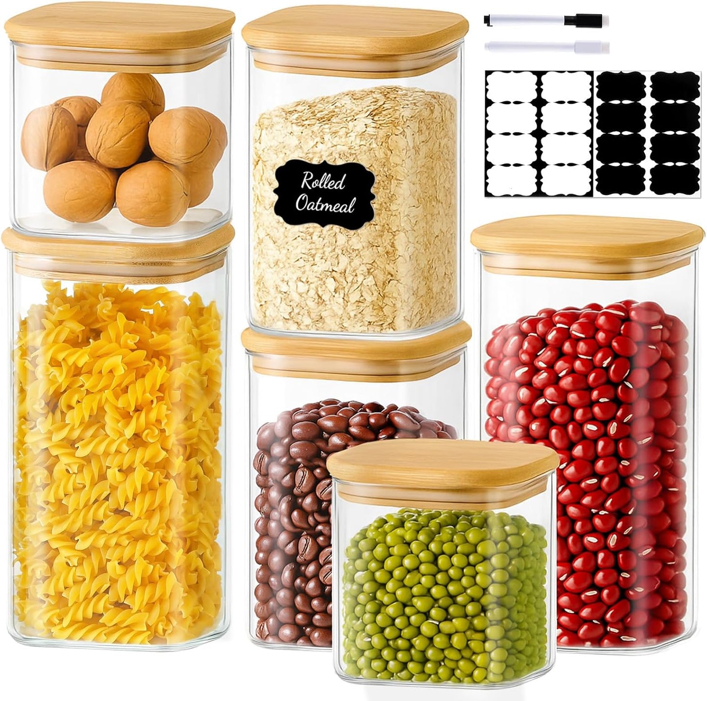TBWIND Glass Storage Containers - 6 Pack Airtight Canisters with Bamboo Lids | Clear Jars for Food, Coffee, Flour, Snacks (24oz/37oz/51oz)