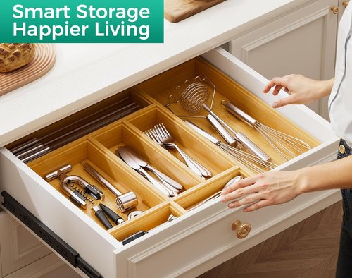 Bamboo Kitchen Drawer Organizer - Stackable Utensil Tray Set of 2 | 17" x 6" for Cutlery & Flatware Storage