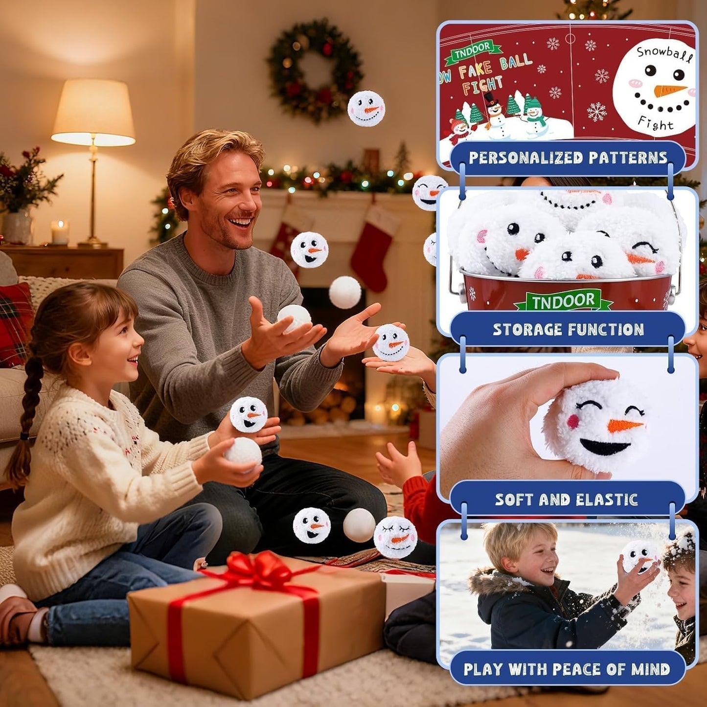 Snow Fake Balls - 2.8 Inch Smiling Snowman Face Snowballs | Metal Bucket for Indoor/Outdoor Winter Fun