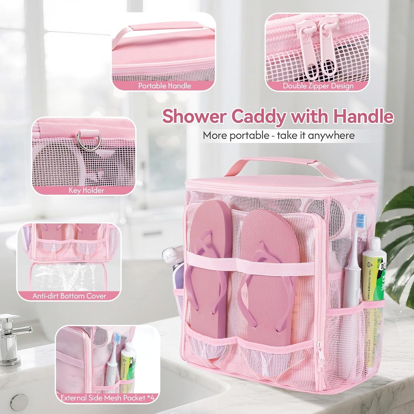 Tiostep Portable Mesh Shower Caddy - Collapsible Toiletry Organizer with Hanging Hook | Quick Dry, Large Capacity for Travel & Dorms