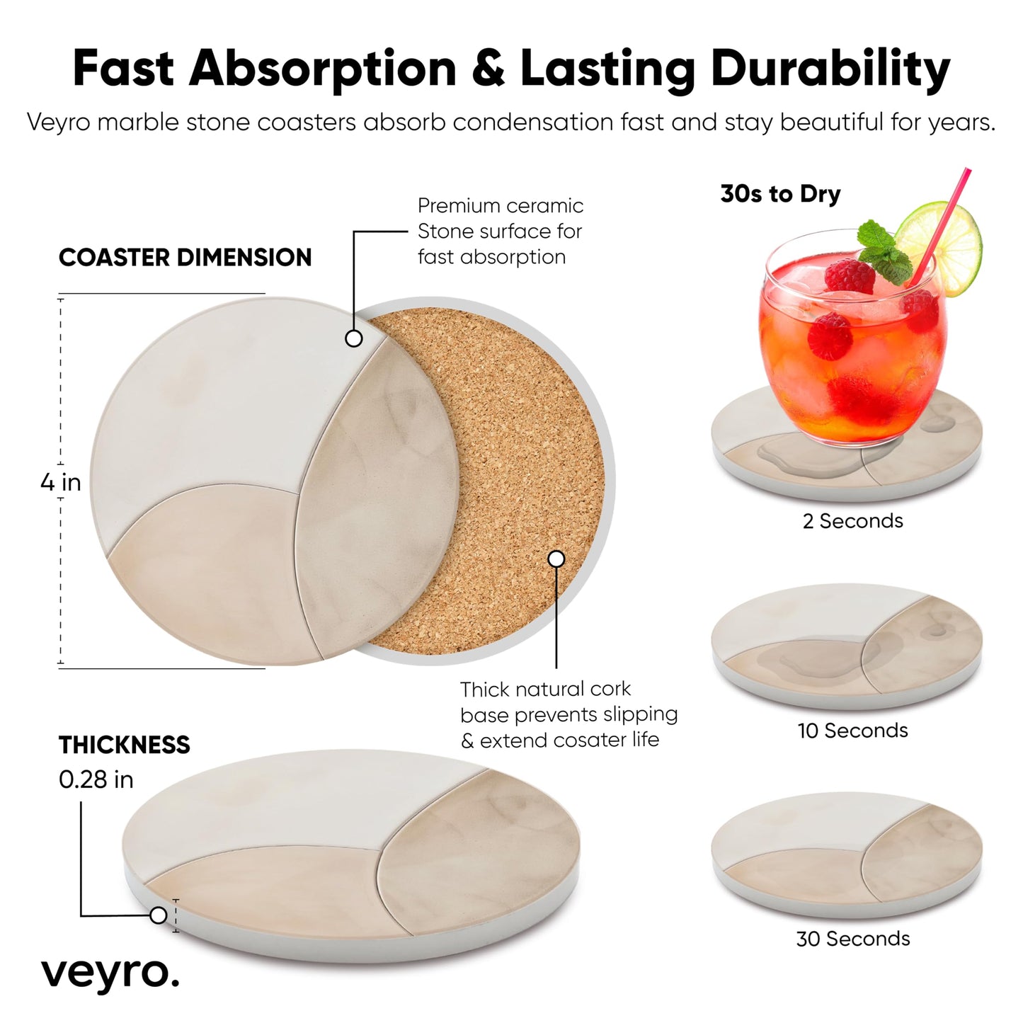 VEYRO Ceramic Coasters Set of 4 – Absorbent Stone Drink Coasters with Holder, Non-Slip Cork Backing, Modern Marble Look Coasters for Coffee Table, Desk & Home Decor