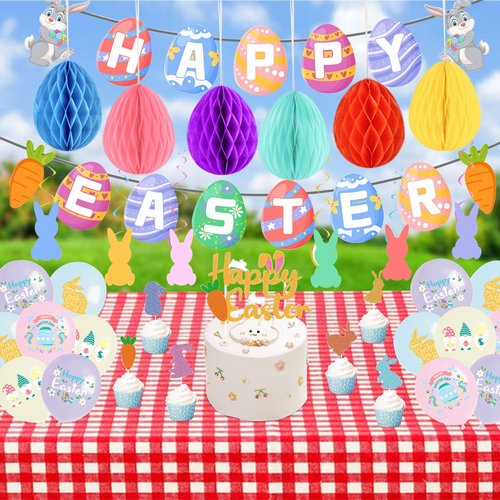 Easter Party Hanging Decorations Bunny Egg Banner Hang Swirls Honeycombs Balloons Cake Inserts for Home Office School Party Supplies
