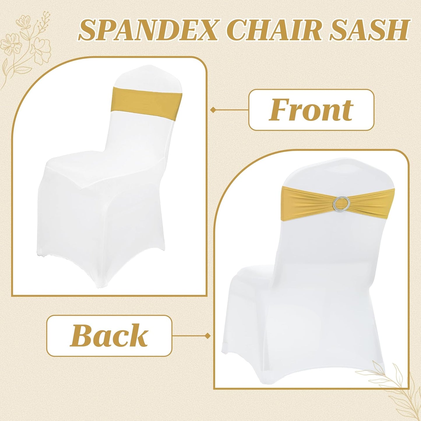 MDS Spandex Chair Sashes - Premium Stretch Covers with Buckle Slider | Universal Fit for Weddings & Events - Gold (Pack of 50)