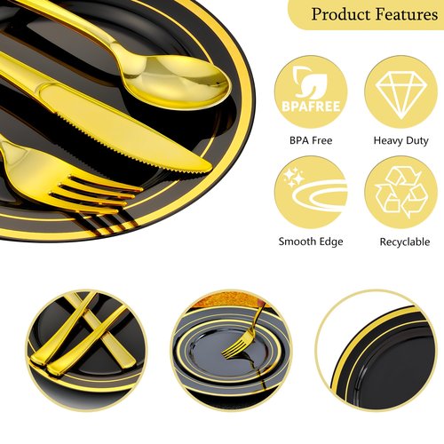 ISFANGCO 350pcs Black and Gold Dinnerware Set for 50 Guests, Graduation Plates, Black Plastic Plates with Gold Rim for Party -50 Dinne/Dessert Plates, 150 Silverware Set,50 Napkins and Cups