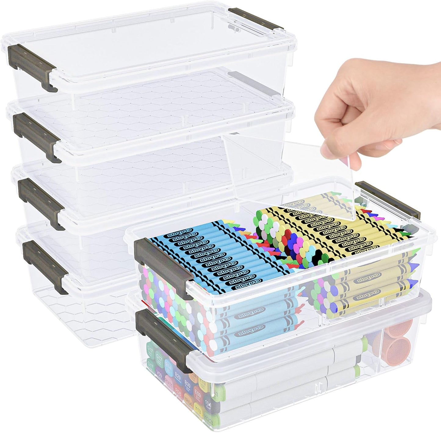 Skiennix Extra Large Pencil Box - Clear Stackable Organizer with Removable Divider | 6 Pack, Grey