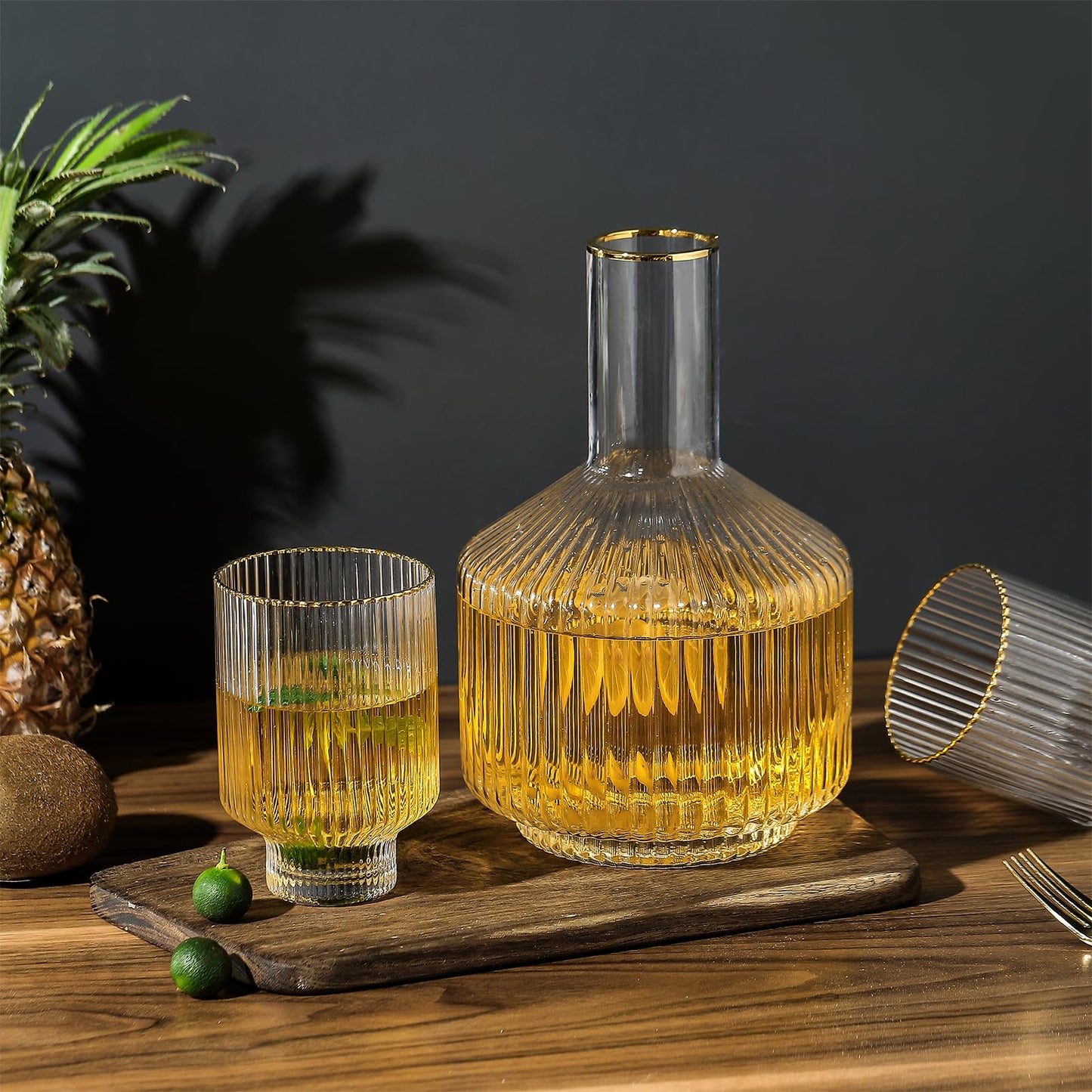 1500° C TABLETOP Bedside Water Carafe and Drinking Glass, 59 oz Carafe 2 Tumblers 13 oz, Mouthwash Decanter With Gold Rim Bedside Glass Set for Nightstand, Gifts