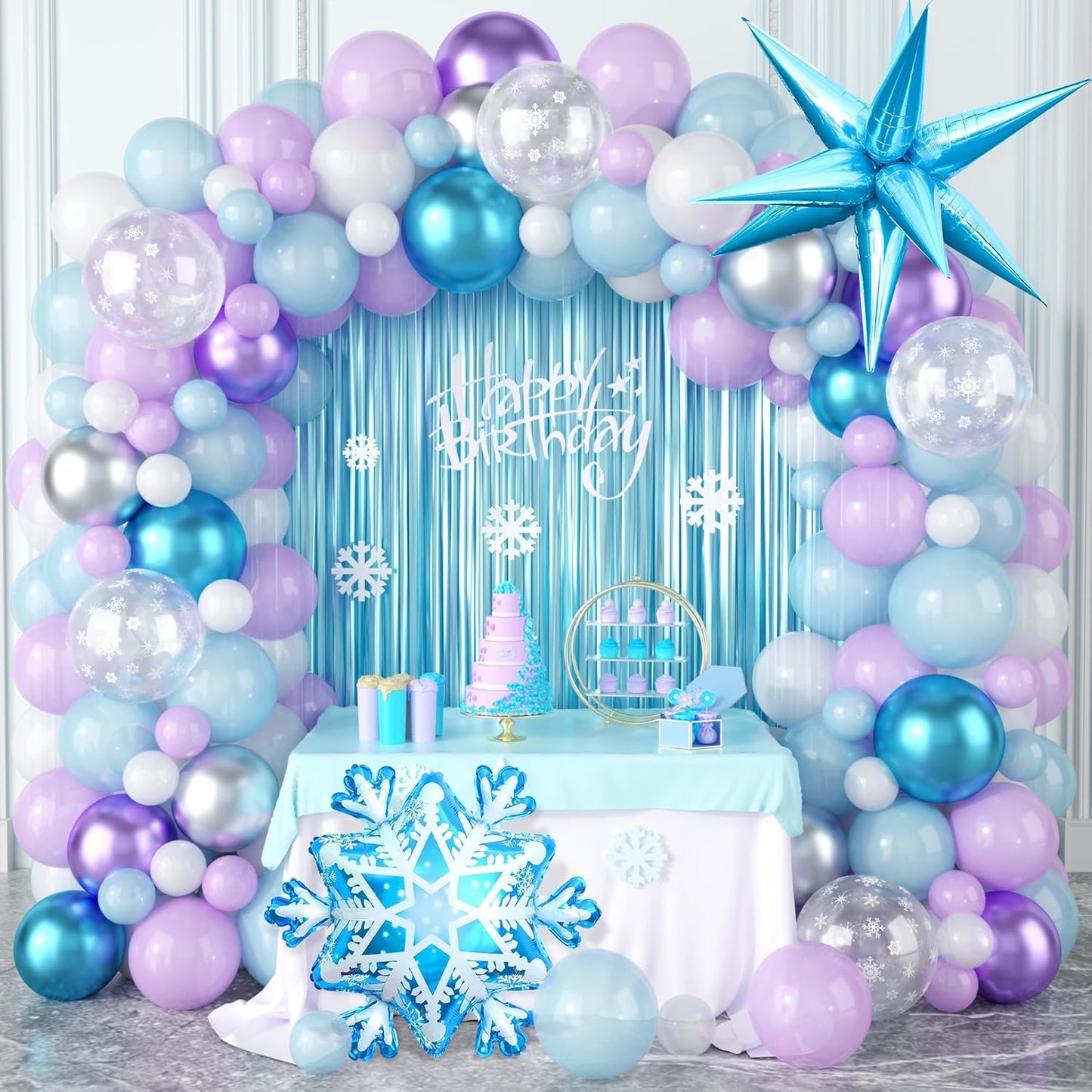 Snow Balloon Garland Arch Kit - Winter Wonderland Decoration with Snowflake Balloons in Blue, Purple, Silver & White