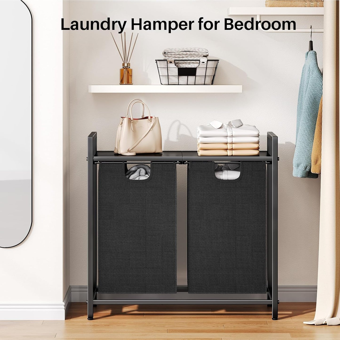 Kitstorack Laundry Hamper Organizer - 2 Pull-Out Bags & Shelf for Easy Sorting | 44.5L Capacity
