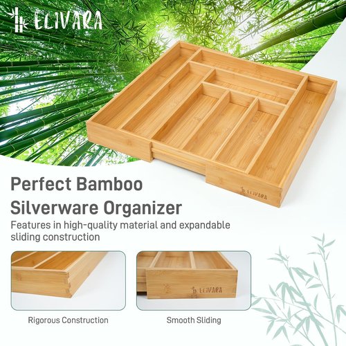 Bamboo Expandable Drawer Organizer by Skiennix - Adjustable Utensil & Cutlery Tray for Kitchen, Office & Bathroom Storage