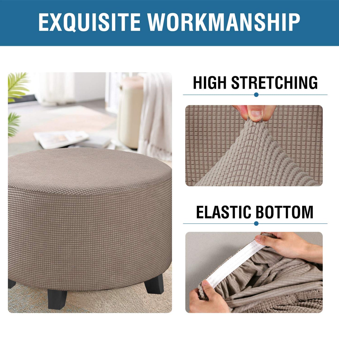 H.VERSAILTEX Ottoman Cover Stretch Ottoman Slipcover Round Ottoman Storage Cover Folding Stool Covers Furniture Protector Cover for Footrest Ottoman Fit Dia 30" - 41", Taupe