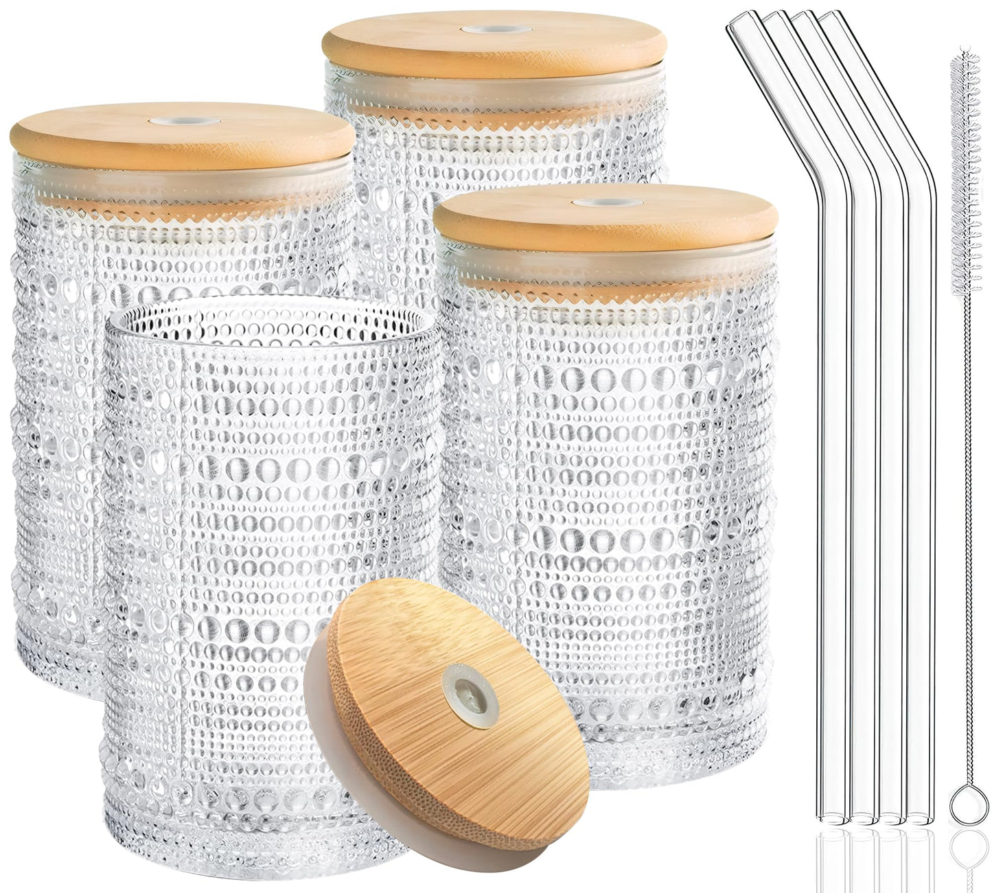 Hobnail Drinking Glasses with Bamboo Lids and Glass Straw 4Pcs Set - 14oz Vintage Glass Cups, Water Glasses, Iced Coffee Glasses, Cute Tumbler Cup, Ideal for Cocktail, Whiskey, Gift - Cleaning Brushes