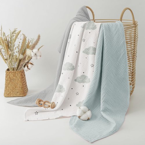 Bearmoss Muslin Swaddle Blankets - Soft & Breathable Baby Blankets | 3 Pack, 40 x 38 Inches, Cloud Design