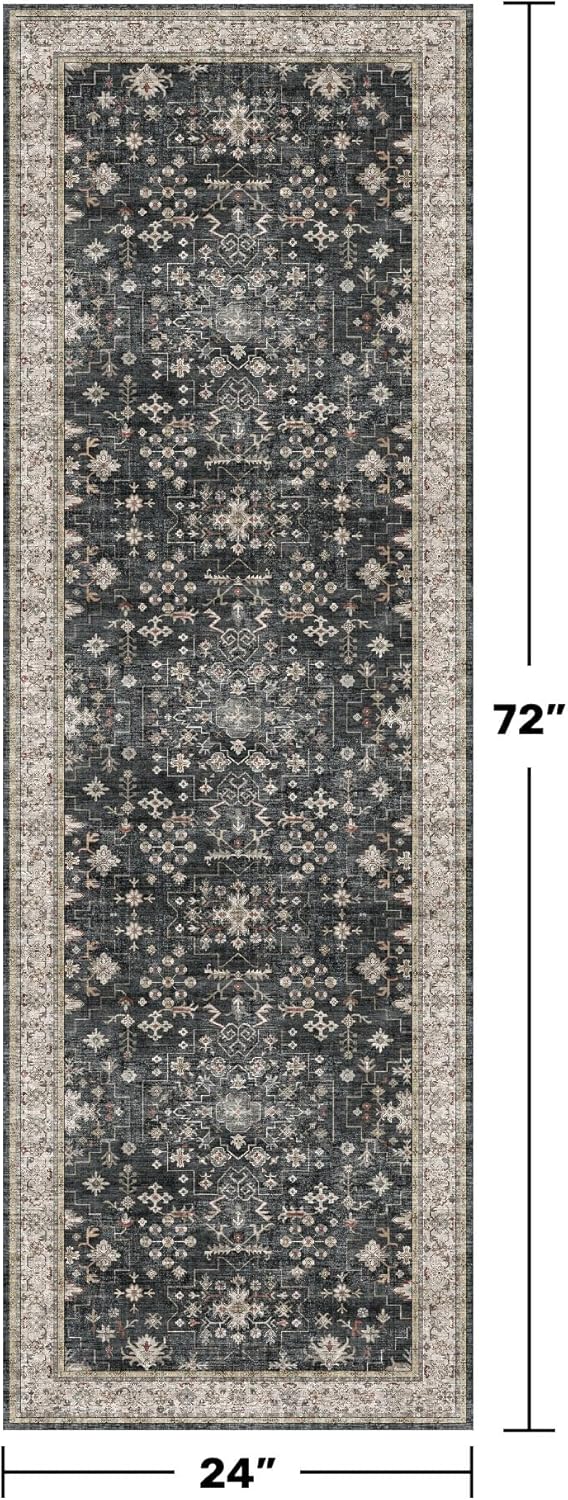 Skiennix Black Boho Runner Rug - Washable, Non-Slip, Stain Resistant | 2x6 ft for Hallway & Bedroom