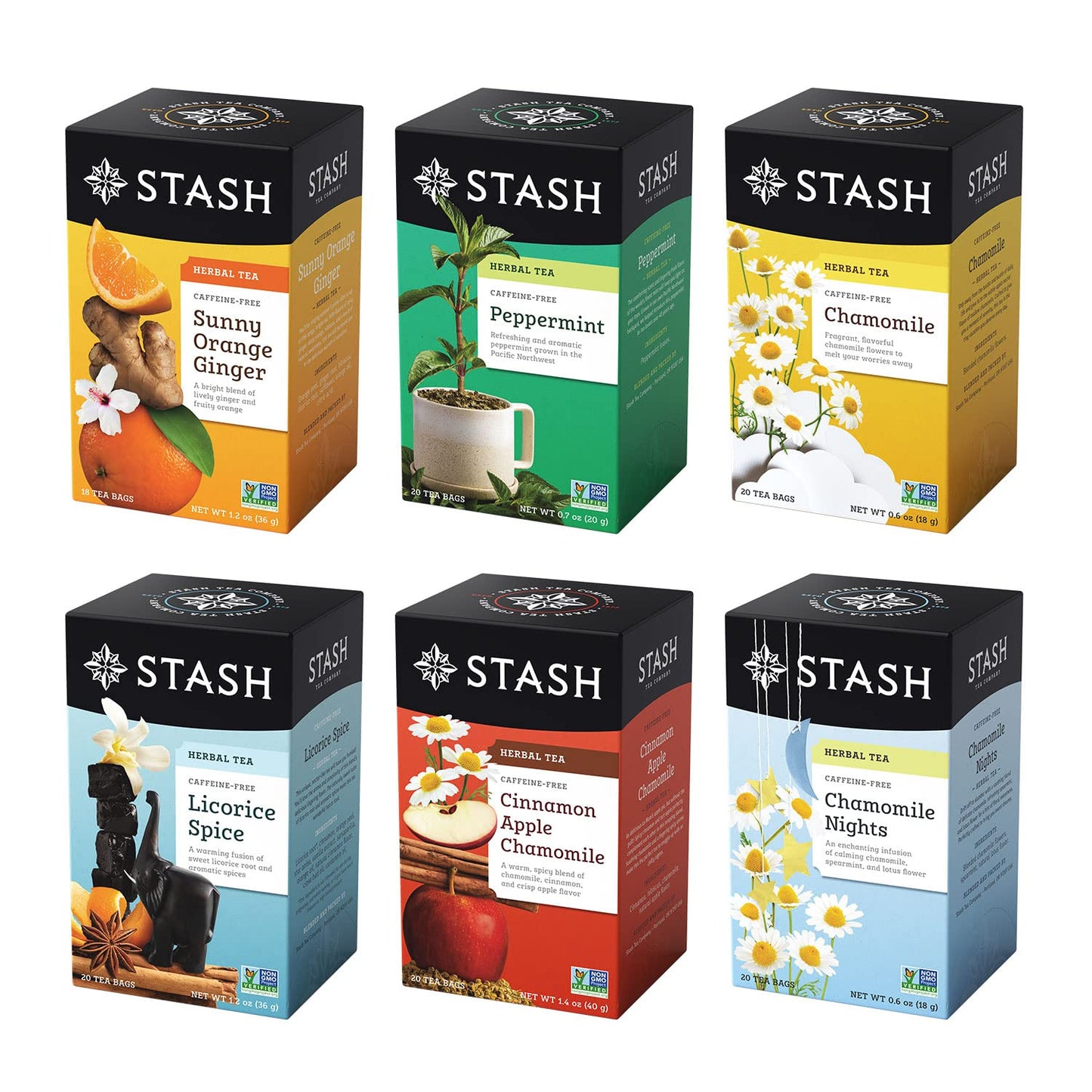 Stash Tea Soothing Herbal Tea Variety Pack - 6 Flavors, 6 Boxes, 18-20 Tea Bags Each